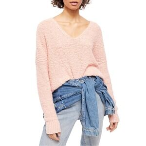 Free People Pink Textured V Neck Oversized Pullover Sweater Women XS cozy chunky